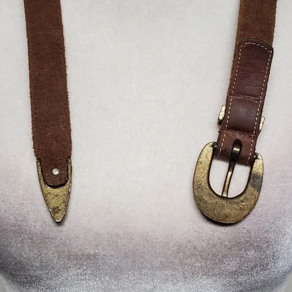 Unisex Vintage Joan & David Brown Leather Copper Stud Pointed Buckle Belt